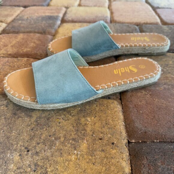 Shein Blue Faux‎ Suede Slides Rattan Like Sides Size 10 - Picture 4 of 8